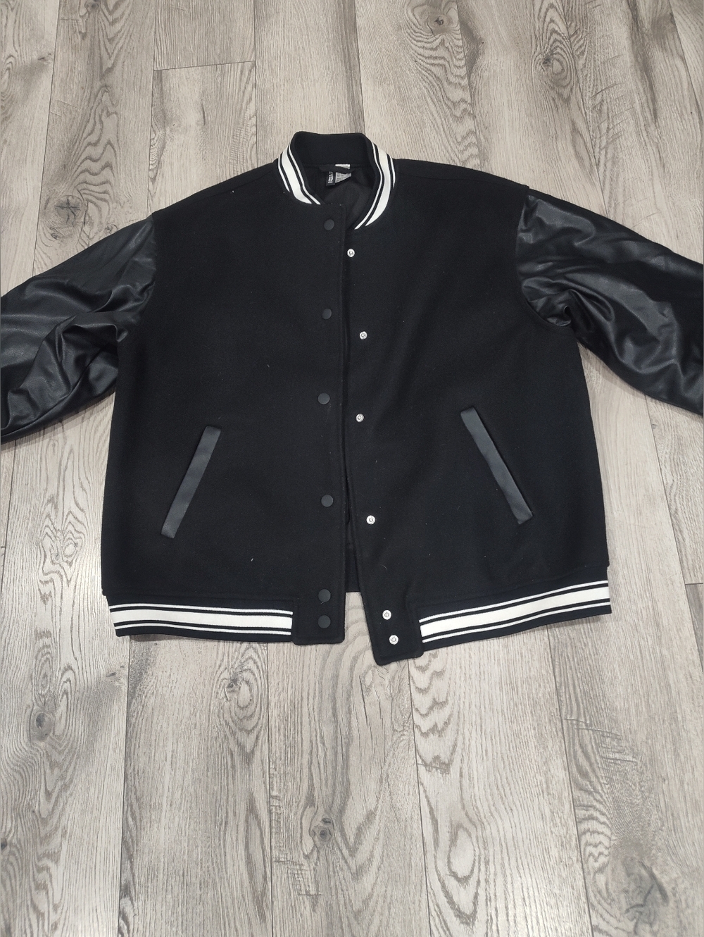 H&M Black Varsity Bomber Jacket with White Stripe Details